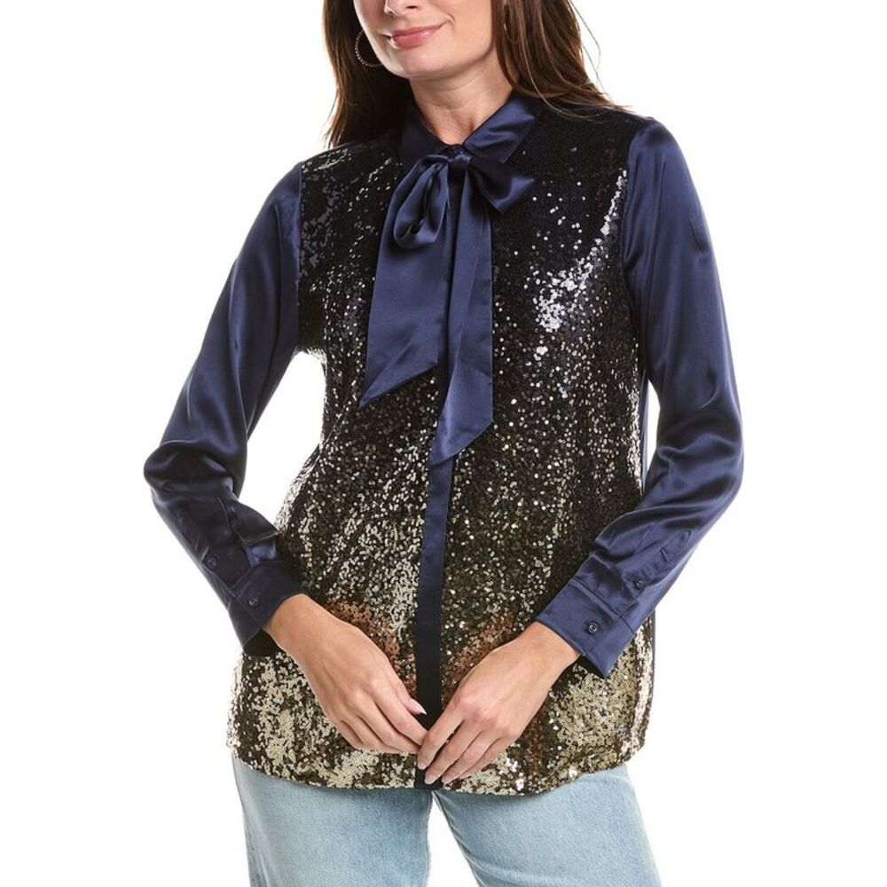 Johnny Was Womens Selya Sequin Tie Shirt, Navy